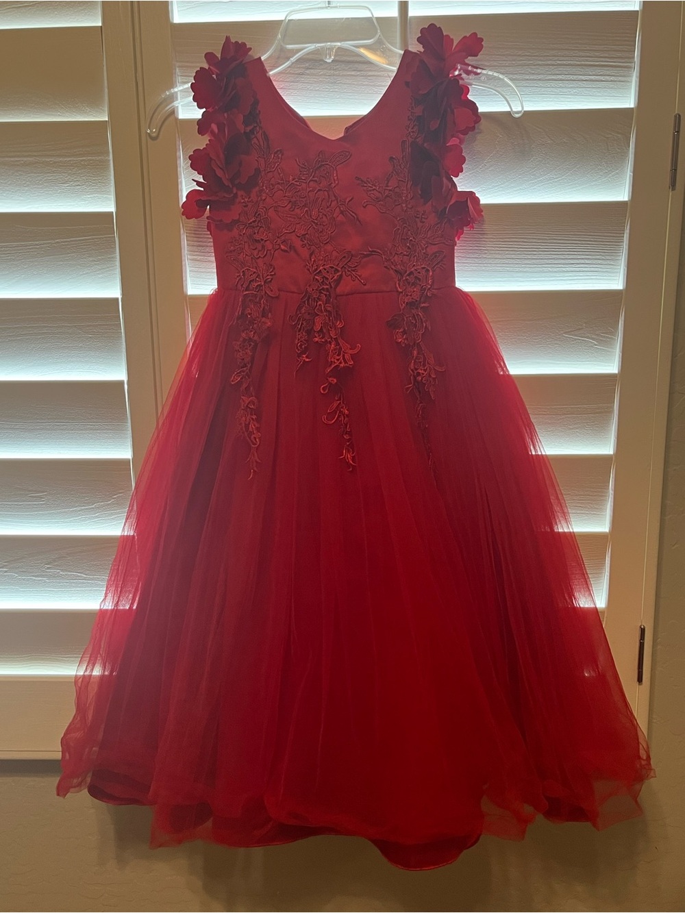 Trish Scully Elegant Red Floral Appliqué Tulle Dress for Girls